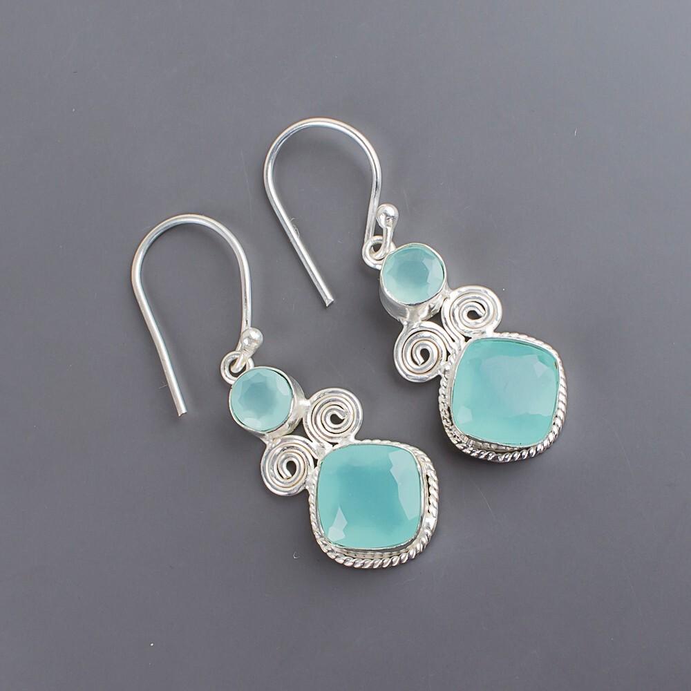 Аква Халцедон Драгоценный камень 925 Стерлинговое серебро Ювелирные изделия ручной работы Серьги 1,12" EE-69-14