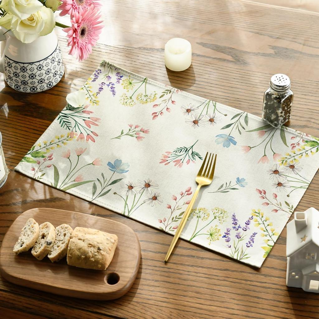 Artoid Mode Flowers Floral Summer Placemats Set of 4, 12x18 Inch Seasonal Spring Table Mats for Party Kitchen Wedding Dining Decoration