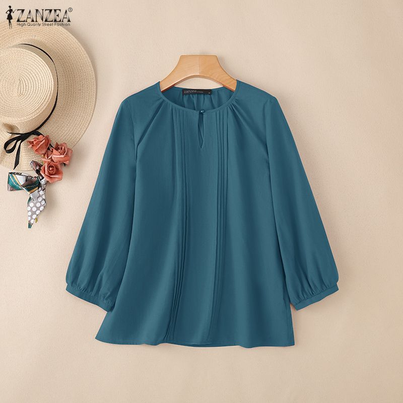 ZANZEA Женская повседневная блузка из хлопка с круглым вырезом и рукавом 3/4