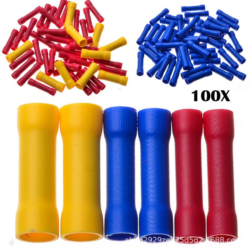 100PCS Bag Pack Fully Insulated BV Butt Splice Connectors, Long Tube Wire Joint Cold Crimp Cable Splices Terminals