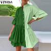 Women Vintage Shirt Collar Ruffled Short Sleeve Color Block Dresses