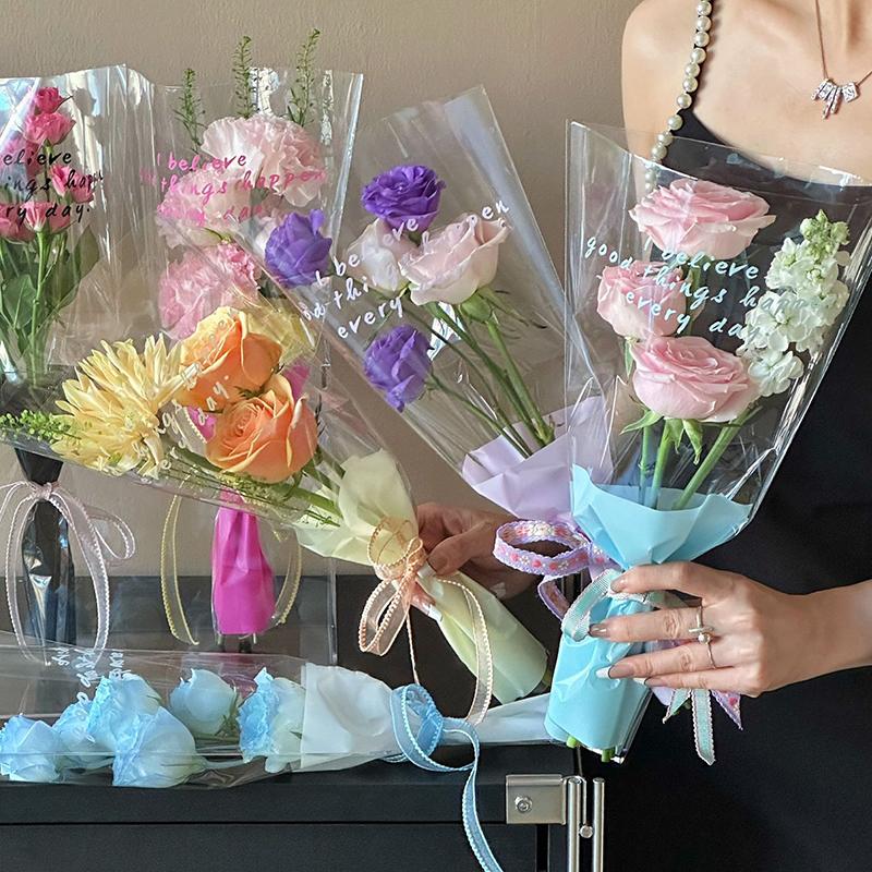 10Pcs Single Rose Sleeves Flower Wrapping Bag Bouquet Packaging Bags Clear Cellophane Floral Wrappers For Valentine'S Day