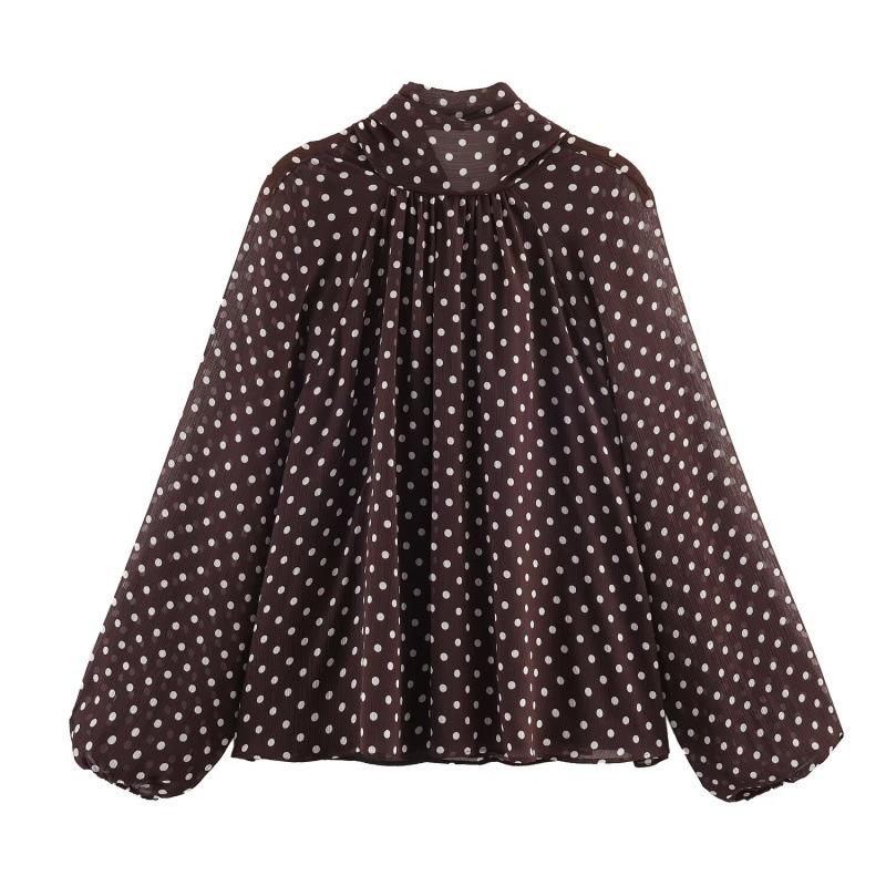 Женская мода: Повседневная свободная рубашка с длинным рукавом в горошек в европейском и американском стиле