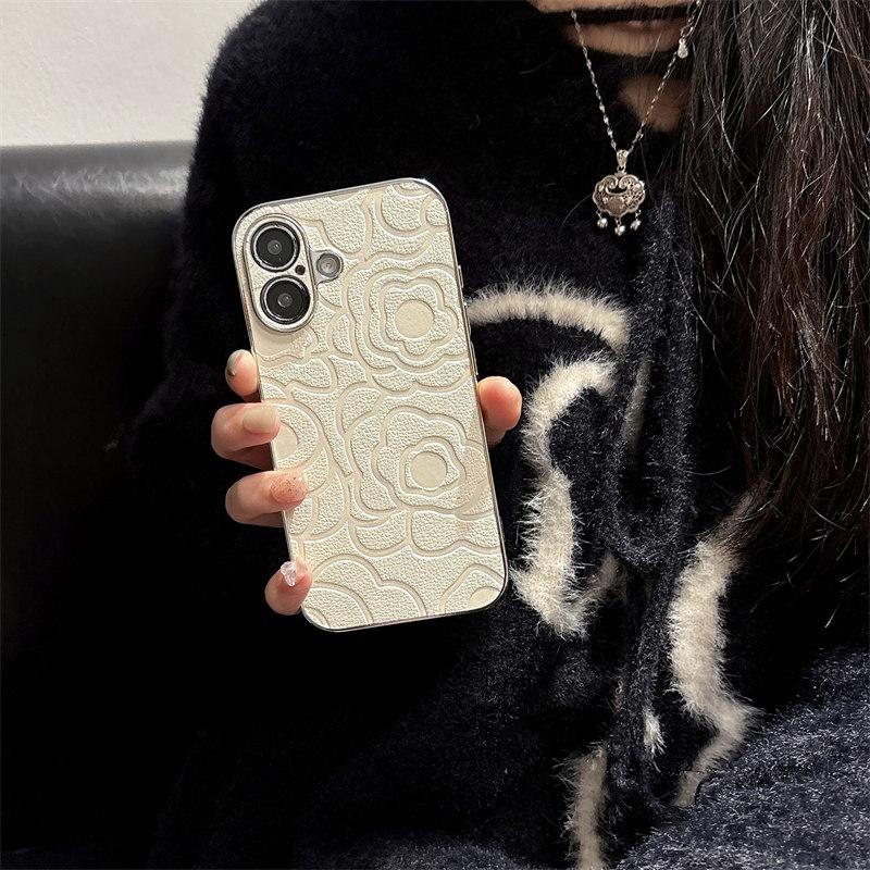 Luxury 3D Imprint Camellia Flower Leather Phone Case For iPhone 11 12 13 Pro 14 15 16 Pro Max Plus Anti Drop Protective Case