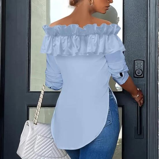 Женская рубашка с открытыми плечами, оборками и длинными рукавами, однотонная однобортная повседневная рубашка