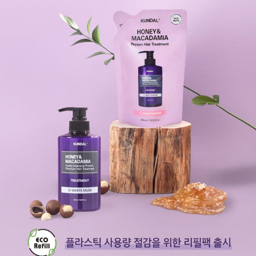 KUNDAL Средство для лечения волос Honey & Macadamia Protein, сменный блок, белый мускус, 400 мл