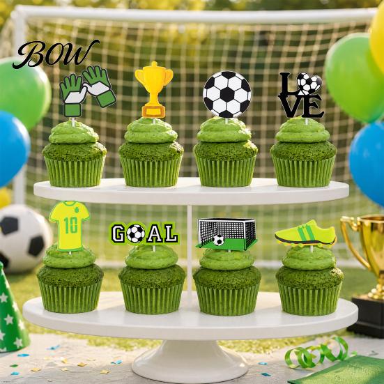 Soccer Cupcake Picks 8 Pcs Cake Topper Decoration, Ball Goal Football Decorations Shoe for Sport Theme Birthday Party Supplies Fan Dessert
