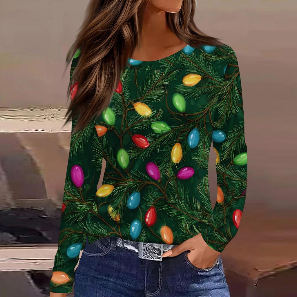 Women's Fashion Casual Slit Hem Round Neck Long Sleeve Loose Christmas Printed T-Shirt Ladies Top