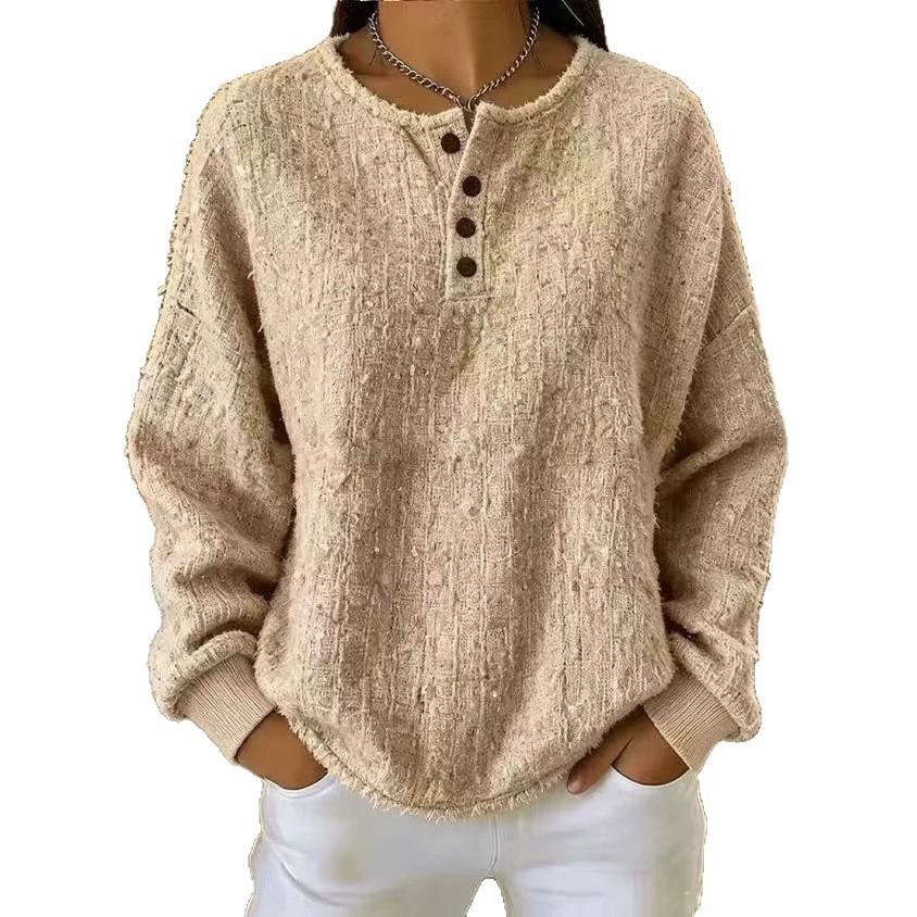 Women Henley Button Neck Fuzzy Knit Sweater Long Sleeve Loose Solid Color Textured Casual Ladies Autumn Winter Pullover