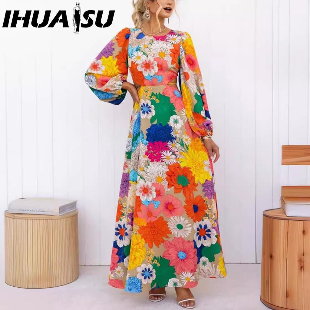 IHUASU Осеннее платье с длинными рукавами и принтом Dopamine, с открытой талией, в стиле уличной моды для женщин