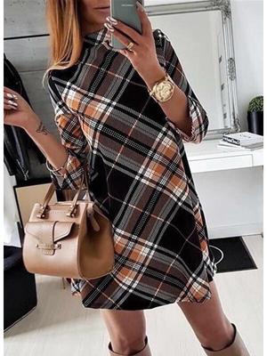 Платье-пуловер с длинным рукавом, клетчатое, со средней посадкой, Осень/Зима 2021