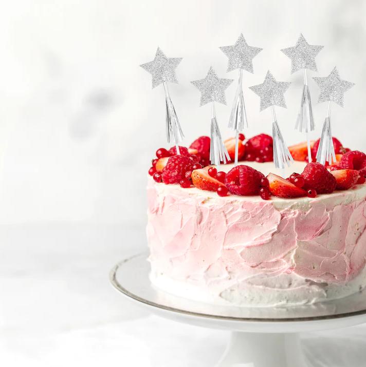 Silver Stars Birthday Cake Toppers 6 pcs