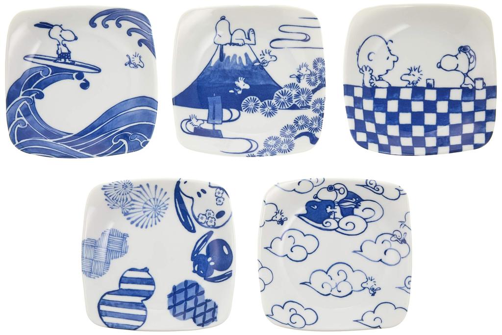 Yamaka Shoten SNOOPY Blue and White Square Adult Microwave and Dishwasher Perfect for and Made in "PEANUTS" Plate, 12.5cm, 5-Pattern Set, Design,