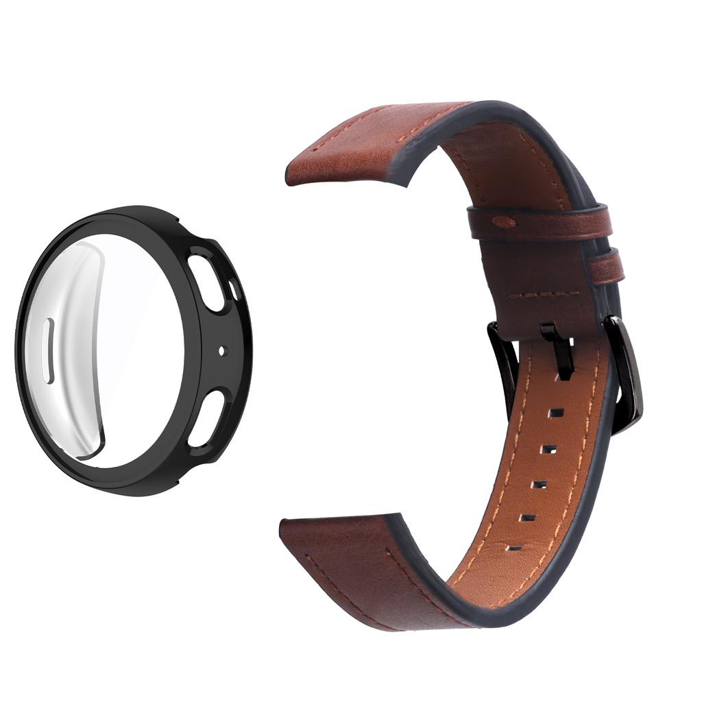For Amazfit Active Max Soft TPU Protective Case &Genuine Leather Stitched Watch Strap Anti Scratch Shockproof Cover Set