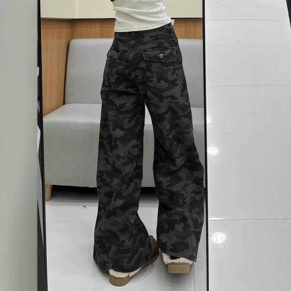 Винтажные Делают Старую Камуфляжную Рабочую Одежду Драпированные Джинсы Модные Удобные Универсальные Женские Нишевые Свободные Брюки Джинсы для Женщин Длинные Джинсовые Брюки