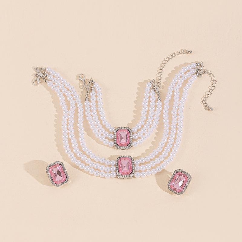 Imitation Pearl Necklace Set Jewelry Exaggerated Light Luxury Gemstone Collarbone Chain Retro Ring Bracelet
