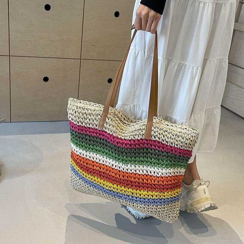 Straw Braid Large Capacity Shoulder Bags 2024 Fashion Casual Rainbow Color Matching Bags for Women High Quality Summer Style