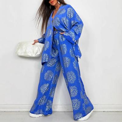 Женские костюмы-двойки с крупным принтом, рубашка на пуговицах с длинным рукавом, брюки с широкими штанинами на резинке, повседневный костюм для отдыха