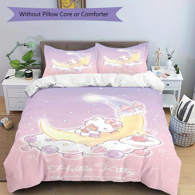 3pcs Moon Hello Kitty Quilt Cover Set (1 Quilt Cover + 2 Pillowcases Without Pillow Core), High-Definition Printing for Home and Dormitory.W064