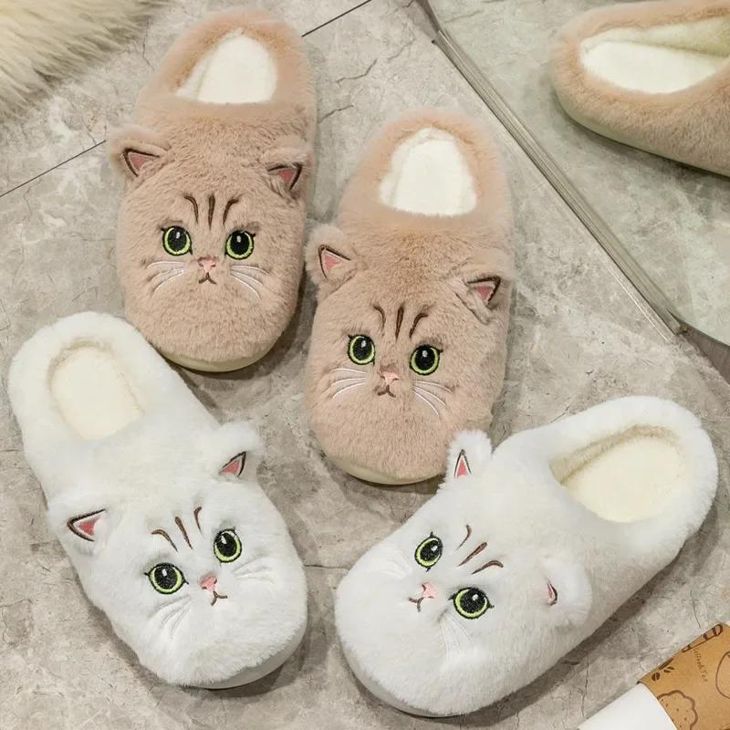 Зимние плюшевые тапочки унисекс, милые тапочки для пар с котами, мягкие флисовые теплые домашние тапочки, нескользящая плоская домашняя хлопковая обувь