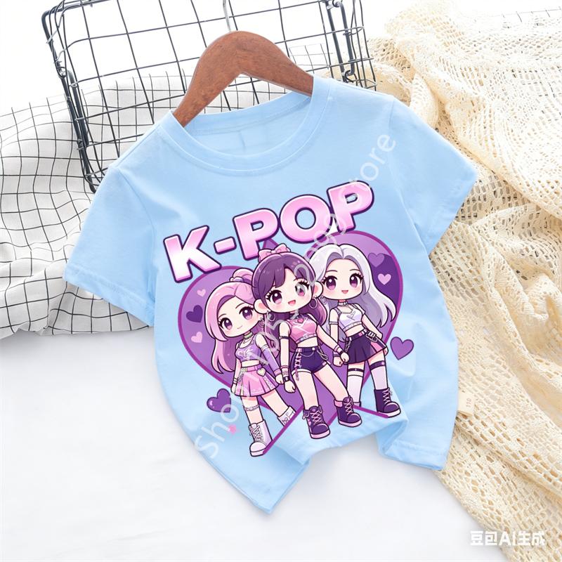 Детская футболка K-pop с мультяшным принтом, короткий рукав, летняя, удобная, забавный подарок для фанатов, футболки в стиле Харадзюку, одежда для девочек