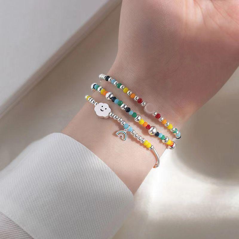 925 Silver Rainbow Beaded Bracelet Cute Little Bear Cloud Bracelet Women's Vintage Fashion Handwear Temperament Jewelry