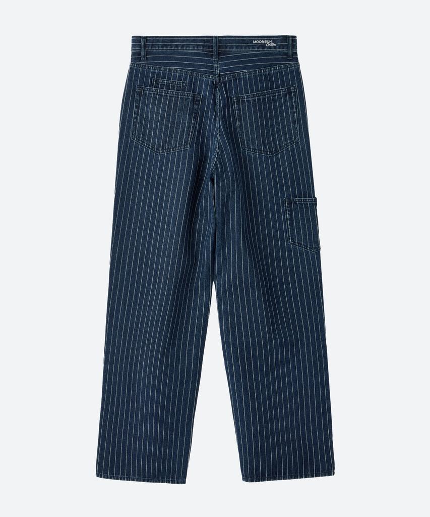 MOONSUN M.C Unisex, Loose-Fit Pinstripe Denim Pants / Dark Indigo
