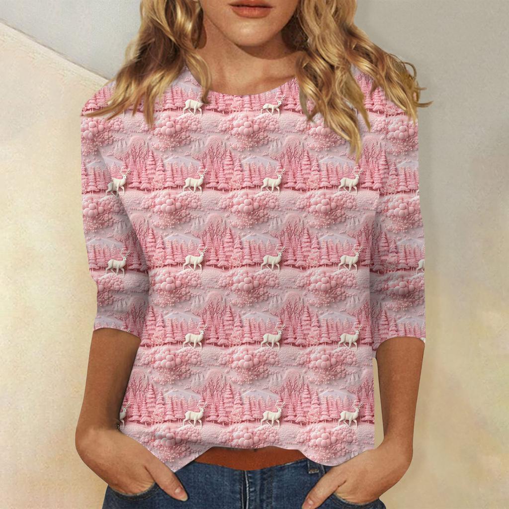 Женская модная повседневная футболка с рукавом три четверти и рождественским принтом, с круглым вырезом