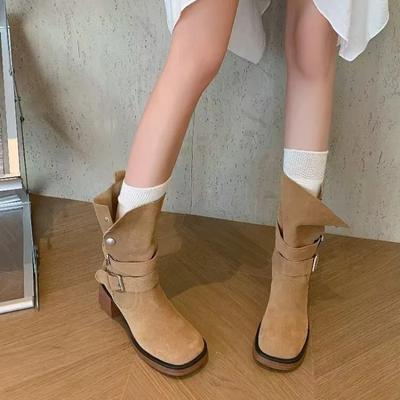 Новые зимние женские сапоги до середины голени на толстом каблуке, однотонные винтажные туфли, модные ковбойские рыцарские сапоги с пряжкой на ремне для женщин