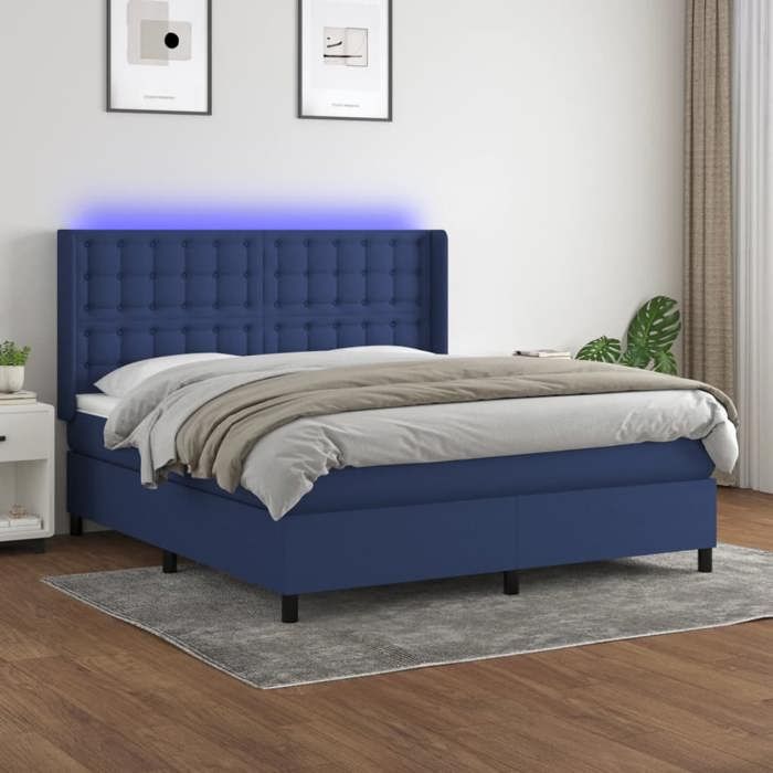 Sommier à lattes avec matelas - 160x200 cm - Tissu bleu - Bande LED colorée - 2 places