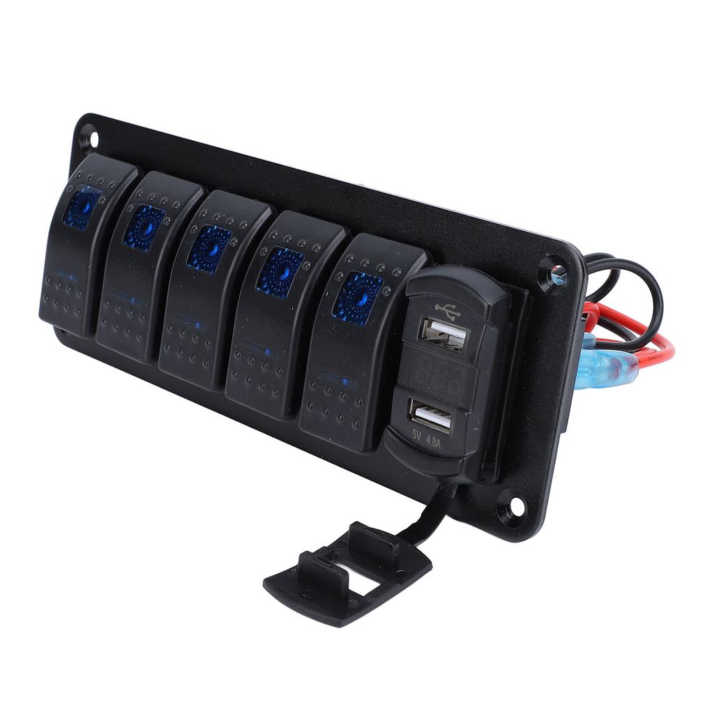 5 Gang Rocker Switch Panel with 4.8A Dual USB Charger Voltage Meter Universal Fit for DC12 To 24V Car Truck RV