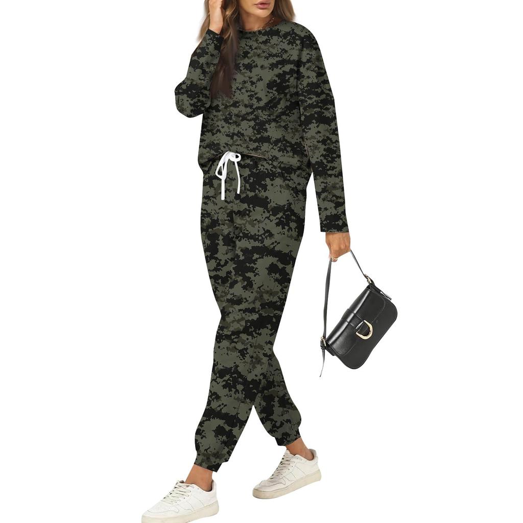 Комплекты для женщин из 2 предметов: футболки с круглым вырезом и длинным рукавом, принтованные спортивные брюки с карманами