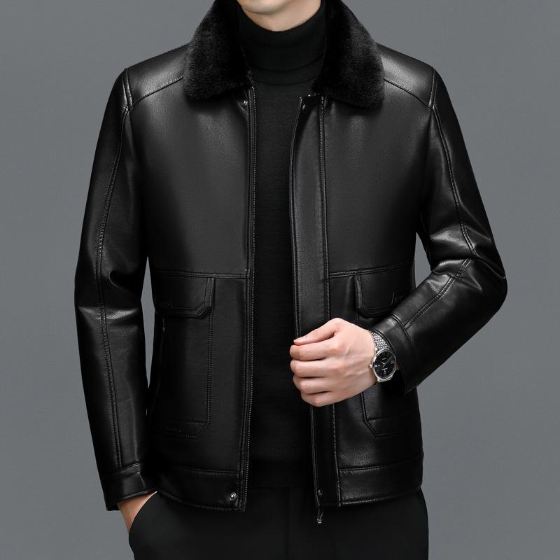Winter Mid Length Leather Fur Integrated Men's Leather Jacket Middle-aged Men's Thickened New Sheepskin Jacket Men's Jacket