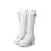 New Style Spring Autumn Lacing Knee High Boots Women Fashion White Square Heel Woman Leather Shoes Winter Large Size 43