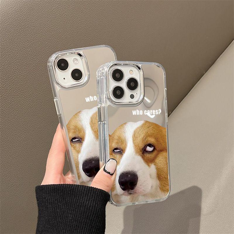 Funny puppy mirror, suitable for iPhone17 mobile phone case 16pro electroplating button x Apple 13 all-inclusive 15/14