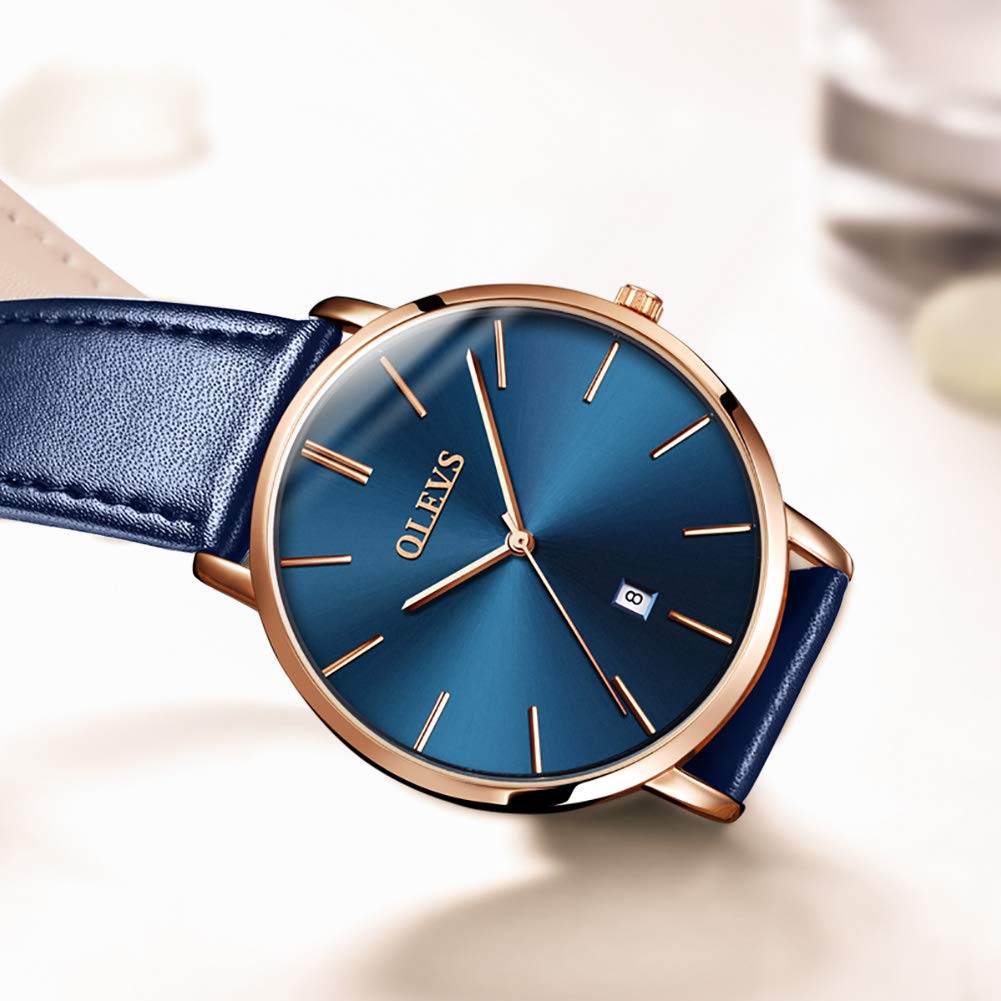 Men's Watch, Simple, Ultra-Thin, Fashionable, Casual, Analog, Quartz Movement, Date Display, Waterproof, Slim, Blue Dial, Genuine Leather Band
