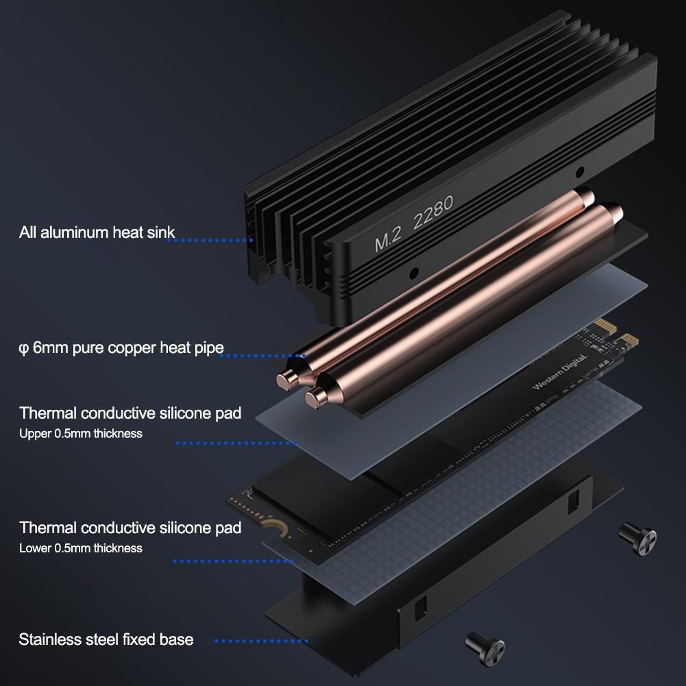 Радиатор M.2 SSD с термосиликоновой прокладкой Алюминиевый кулер M.2 SSD с 2 медными тепловыми трубками Прокладка кулера для M.2 NVMe 2280 SSD
