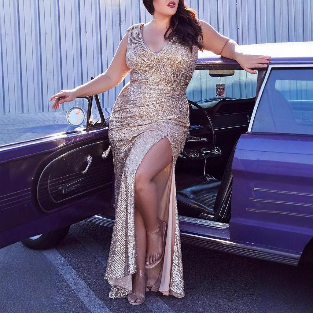 Весна/Лето 2021 Платье-трапеция с пайетками — свободный крой, размер плюс, европейский и американский стиль