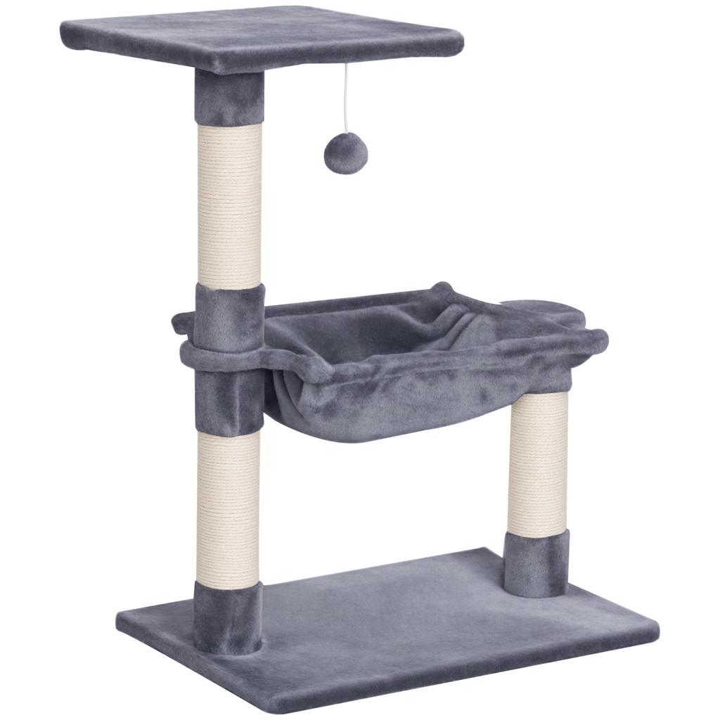 Multi-Level Cat Scratching Post with Hammock and Ball, Wood and Plush, 50x36x70cm, Grey