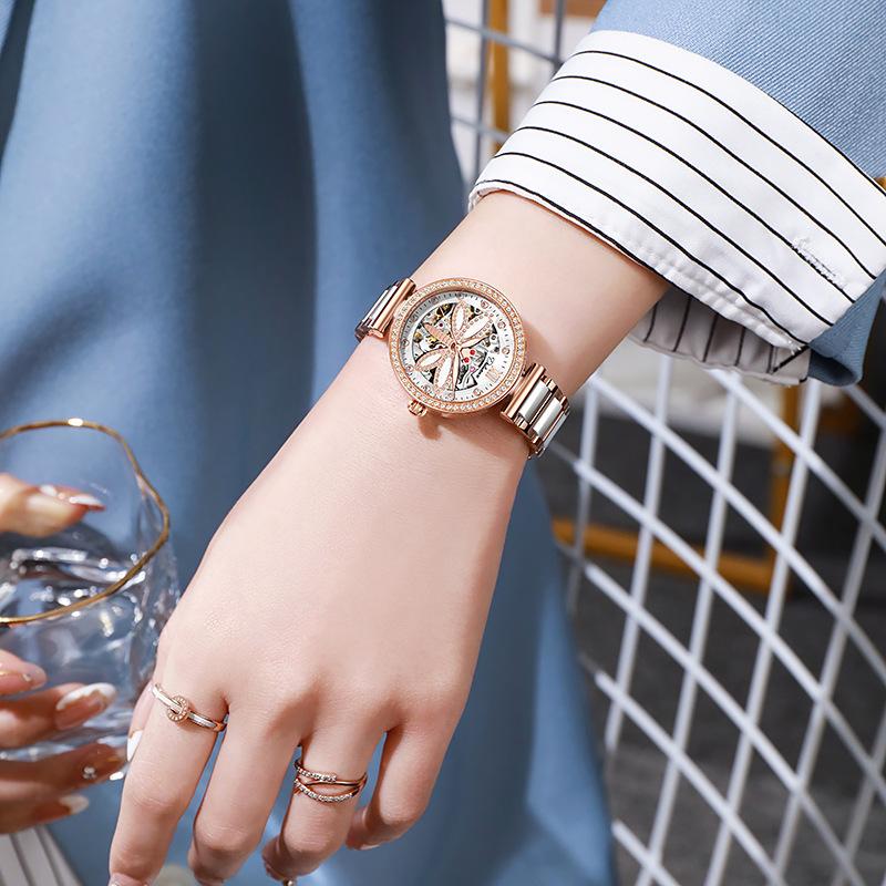 Dulunwe Automatic Mechanical Watches for Women Fashion Waterproof Watch with Dragonfly Dial for Ladies Gifts Diamond Watches