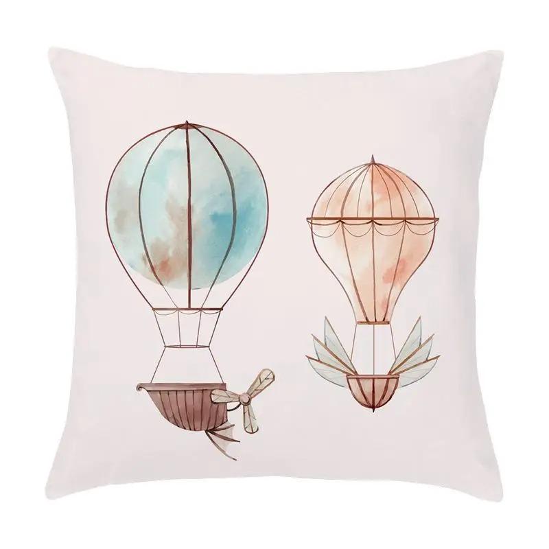 Cartoon Nautical Series Hot Air Balloon Lighthouse Print Pillow Cover Home Room Office Seat Living Room Sofa Cushion Cover