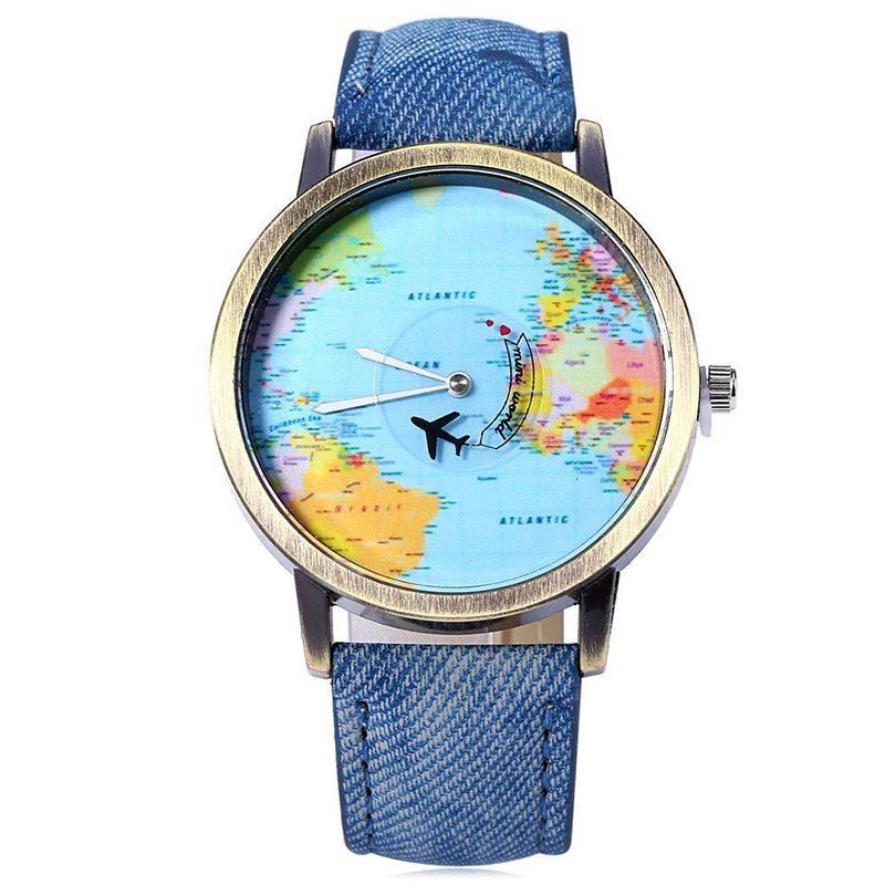 Map Globe World Aeroplane Watch Leather Wristwatch Fashion Jewelry High Quality
