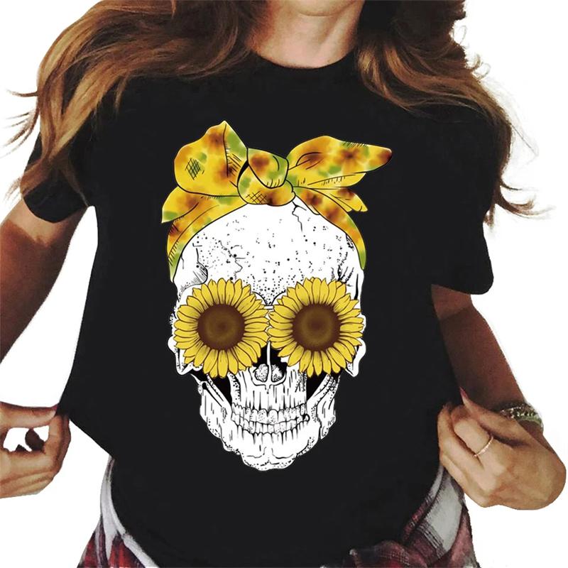 Harajuku Women's T-shirt Fashion Horror Skull Print Personality T-shirt Daily Casual Short Sleeved Unisex Top