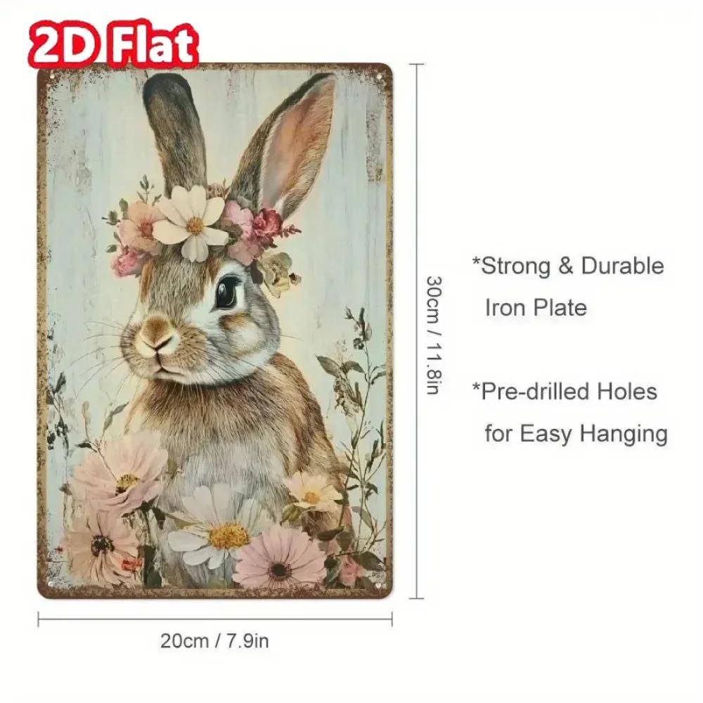 Металлическая табличка BUNNYBLOSSOM Винтажный кролик с цветочным венком - Ржавый железный настенный декор для дома
