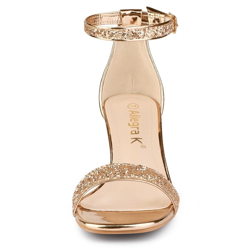 Allegra K Women's Open-Toe Ankle Strap Sandals with Shiny Chunky Heels, Rose Gold, Size 25.5cm