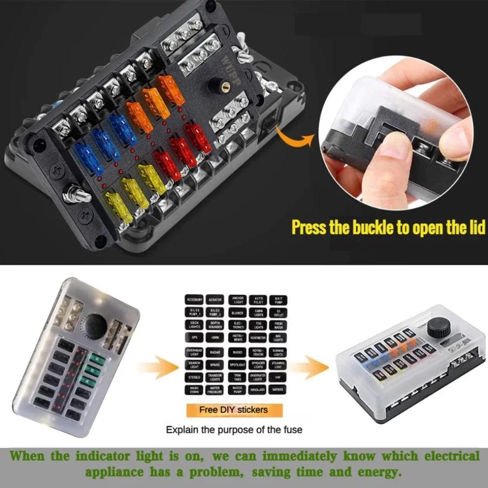 6/12 Way Blade Fuse 12-24V Car Boat Fuse Box Holder with Plastic Cover for Power Panel Board Camper RV Accessorie