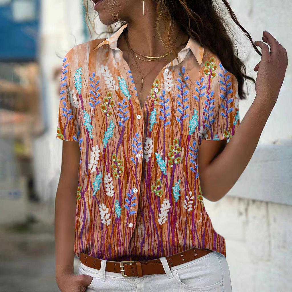 2025 Summer New Fashion Women's Plant Printed Short Sleeve V-neck Casual Button-down Shirt Top