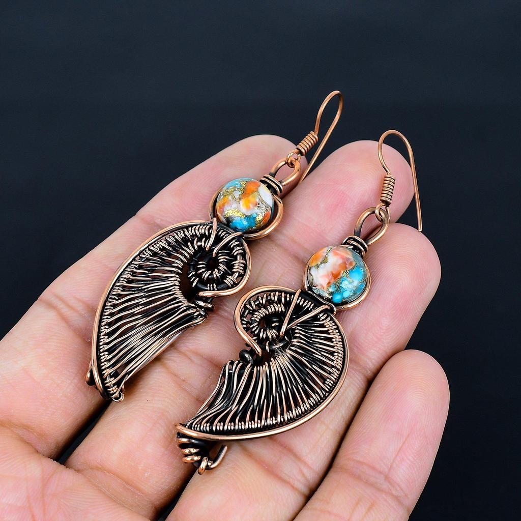 Spiny Oyster Earrings, 999 Copper Wire Wrapped Jewelry, Gemstone Earrings, Gift For Her Handmade Dainty Jewelry