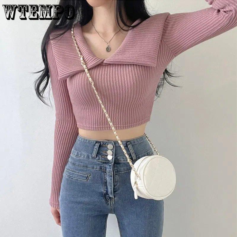 WTEMPO Однотонные трикотажные свитера с длинным рукавом для женщин, повседневные, тонкие, короткие, с V-образным вырезом, с высокой талией, универсальные трикотажные топы