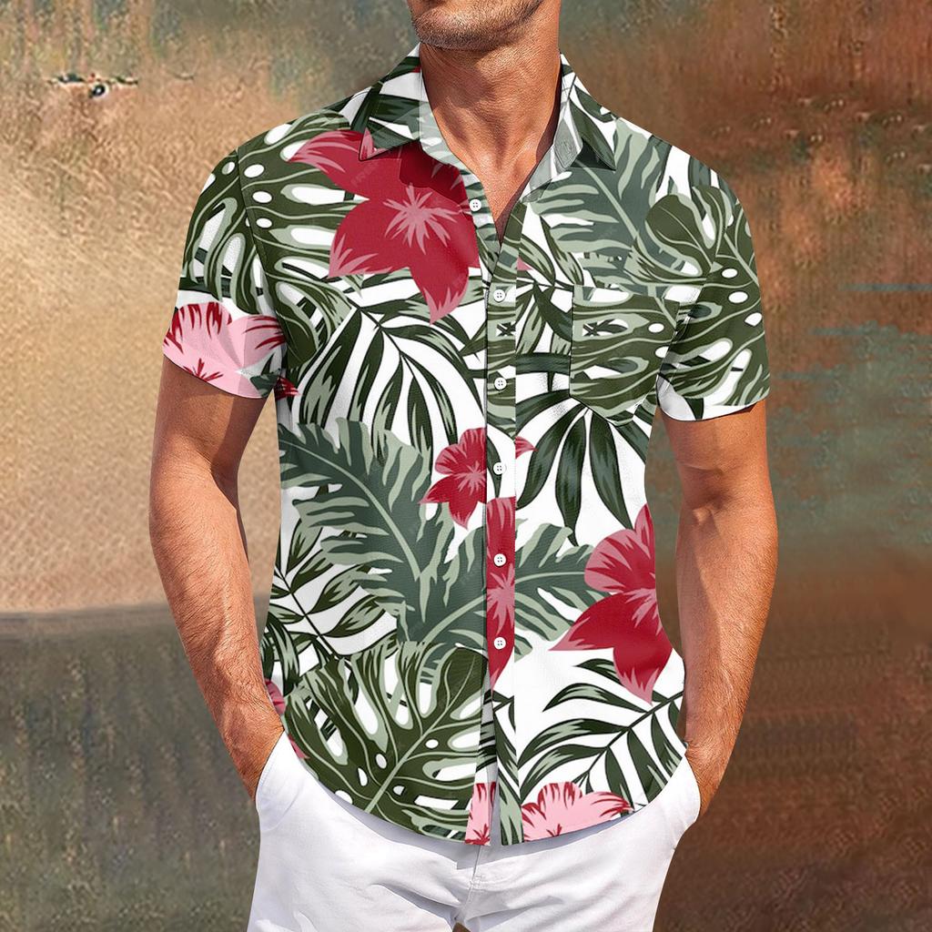 Men's Vintage Button Down Bowling Shirts Short Sleeve Summer Beach Shirt